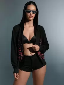 SHEIN Unity Graphic Print Zip Up Drawstring Hoodie Pullover Fall Outfit - Black - View 5