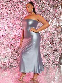 SHEIN SXY 大碼素色PU皮革抹胸洋裝 - 銀色 - 查看 3