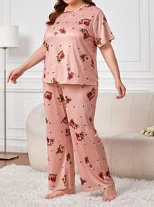 SHEIN Talla grande Conjunto de pijama con estampado de dibujos animados - Multicolor - Ver 5