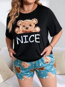 SHEIN Talla grande Conjunto de pijama con estampado de oso y letra - Multicolor - Ver 3