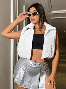 SHEIN MOOSTA Plus Zip Up Crop Vest Padded Padded Coat Clothes Winter - White - View 3