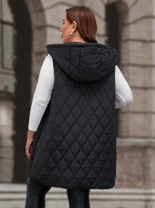 SHEIN Clasi Plus Flap Pocket Hooded Pikowana Kamizelka Z Kieszeniami, Na Zimę - Czarne - Zobacz 2