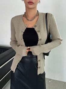 DAZY Đồ đan Ribbed Nút phía trước Áo len Mở - Màu Khaki - Xem 1