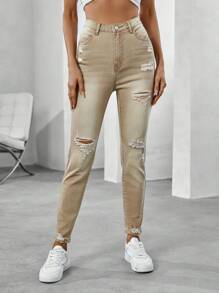 SHEIN EZwear Quần jean rách - Màu Khaki - Xem 5