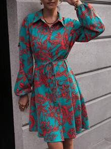 SHEIN LUNE 植物圖案燈籠袖腰帶襯衫洋裝 - 彩色 - 查看 2