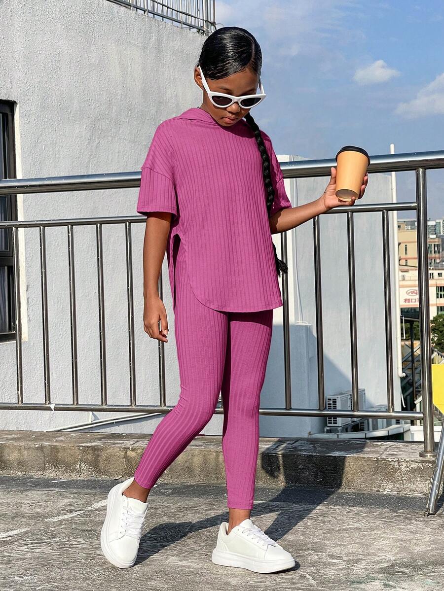 SHEIN Tween Girl Drop Shoulder Split Hem Hooded Tee & Leggings - Purple - View 1