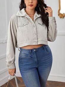 SHEIN Essnce Plus Flap Detail Corduroy Jacket Fall/Winter - Apricot - View 4