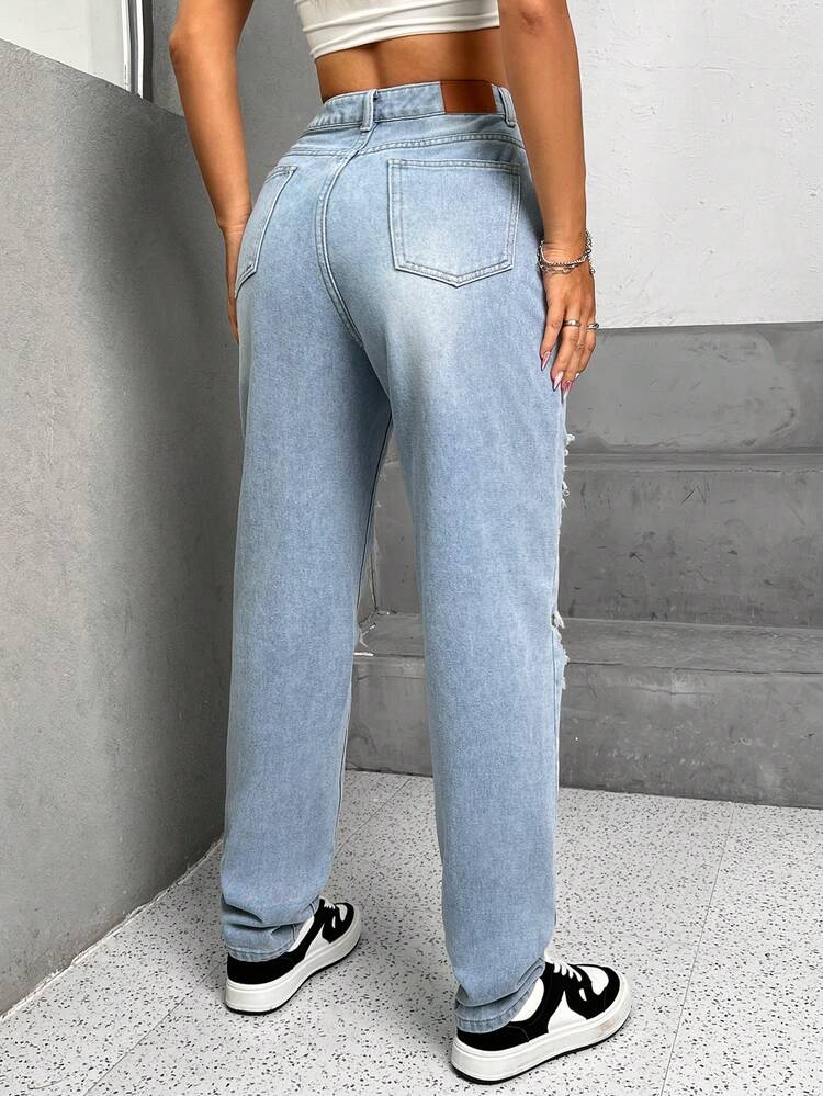 SHEIN EZwear 破洞直筒牛仔褲 - 淺色水洗藍 - 查看 2
