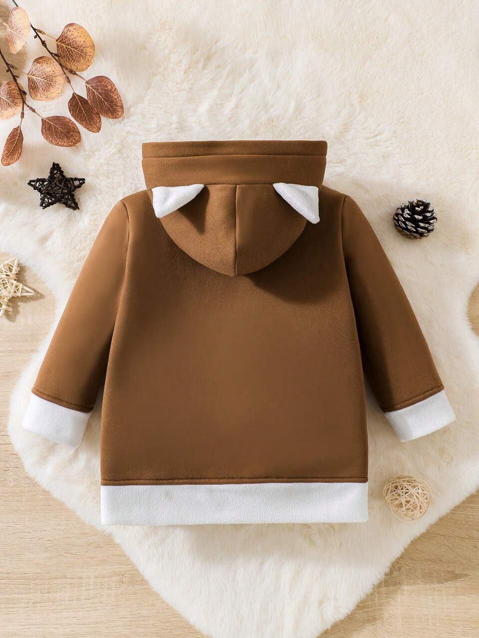 Baby Girl Embroidery Paw Pattern 3D Ear Design Hooded Teddy Lined Overcoat