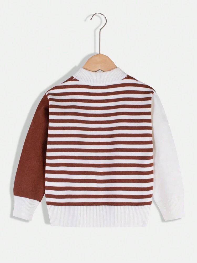 Young Boy Striped Pattern Pocket Patched Sweater