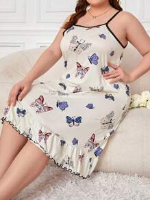 蝴蝶印花荷叶边下摆吊带睡衣睡裙