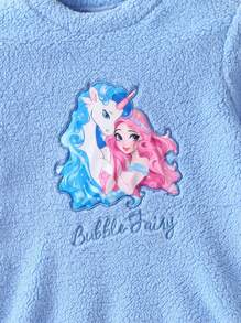 Chica Joven Conjunto de pijama con unicornio & con bordado de letra - Azul - Ver 5