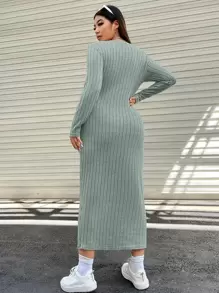 SHEIN EZwear Plus Button Through Ribbed Knit Dress - Mint Green - View 2