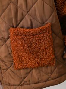 Tween Boy 1pc Contrast Teddy Raglan Sleeve Baseball Collar Zipper Front Quilted Coat - Brown - View 3