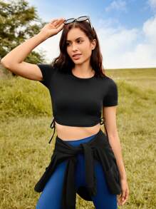 Easithlete 側抽繩短款運動T恤 - 黑色 - 查看 6