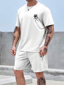 Manfinity Homme 男士大码印花T恤&腰部抽繩短褲 - 白色 - 查看 5