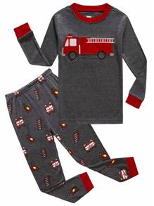2 件套年轻男孩卡通消防车印花 T 恤和裤子睡衣套装，秋季，圣诞节 - 深灰色 - 查看 1