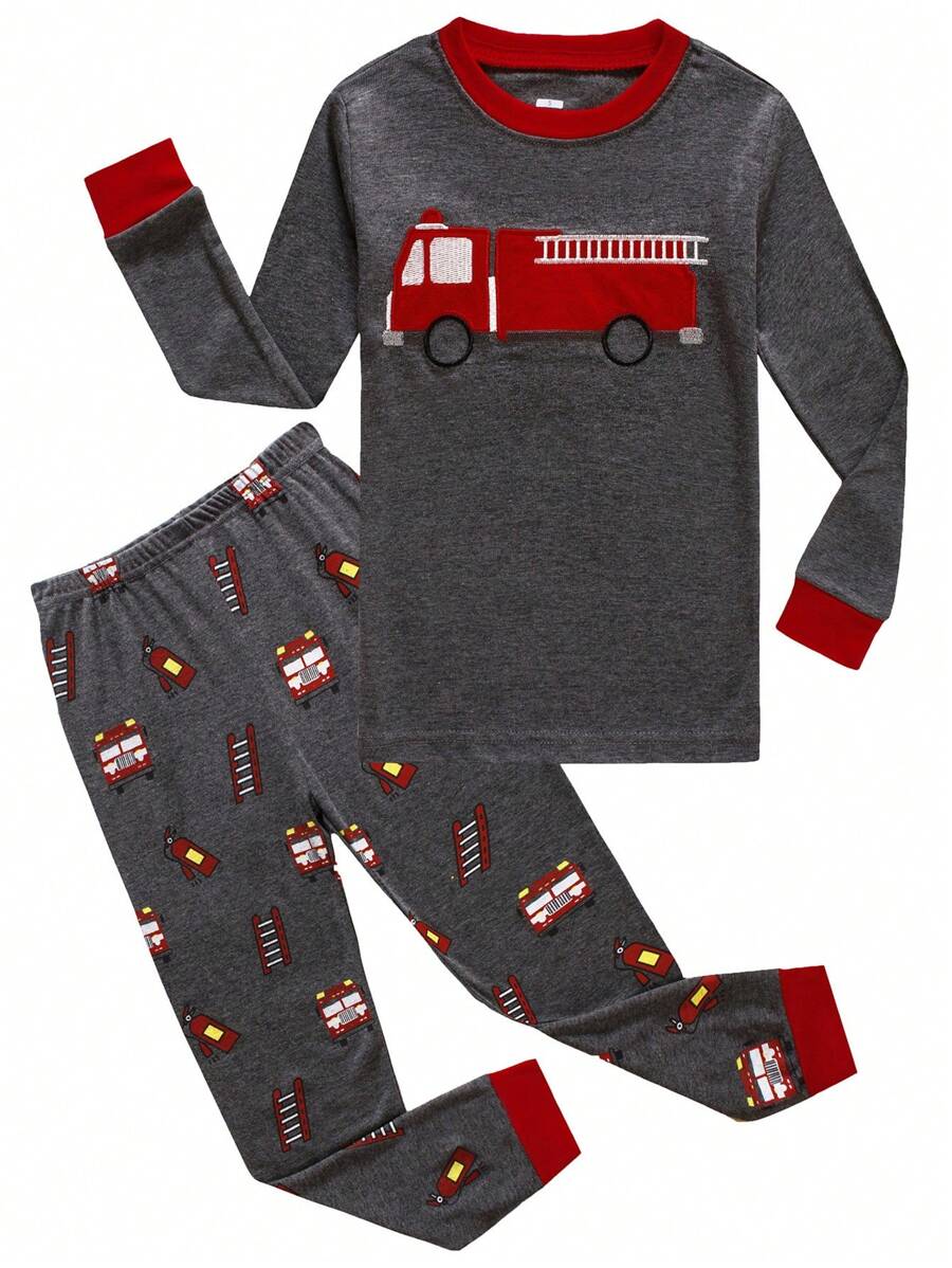 2 件套年轻男孩卡通消防车印花 T 恤和裤子睡衣套装，秋季，圣诞节 - 深灰色 - 查看 1