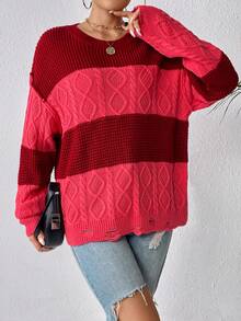 SHEIN Unity 双色落肩针织套头衫秋冬毛衣 - 紅色 - 查看 4