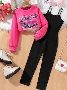 SHEIN Tween Girl Car & Letter Graphic Cami Pullover & Cami Jumpsuit - Multicolor - View 1
