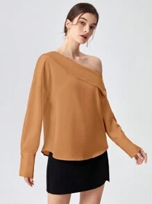 BizChic Asymmetrical Neck Button Detail Blouse - Brown - View 3