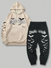 ROMWE MEN Guys Bat Letter Graphic Drawstring Hoodie & Sweatpants - Khaki - View 1