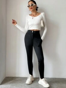 SHEIN Essnce 休閒前紐扣純色女士打底褲 - 黑色 - 查看 4