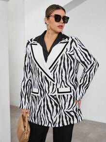 SHEIN Privé Plus Zebra Striped Print Lapel Neck Blazer - Black and White - View 5