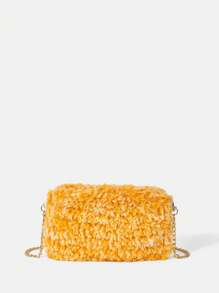 SHEIN VCAY Schultertasche Kontrast Farbe Plüsch Klappe, Quadrat, mit Modisch Kette, Gurt,