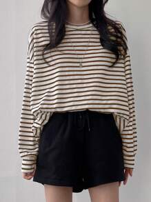 DAZY Striped Drop Shoulder Tee,Fall Clothes Long Sleeve Women Tops - Coffee Brown - View 3