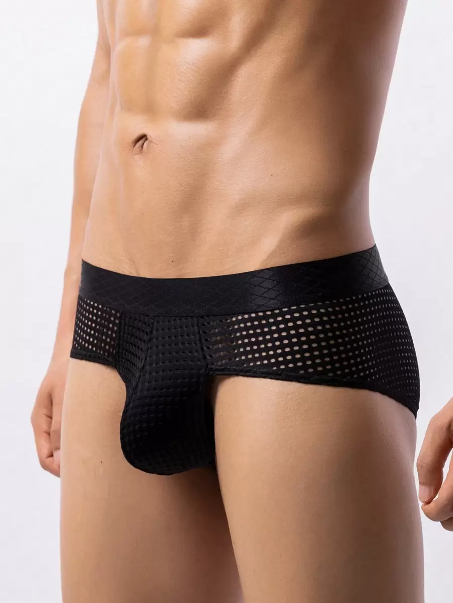 Men's Black Mesh Fabric Plain Cut Out Naughty Briefs Underwear With Medium Stretch - Black - View 1