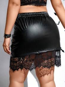 Celure 大碼蕾絲拼接亮面包臀半身裙 - 黑色 - 查看 2
