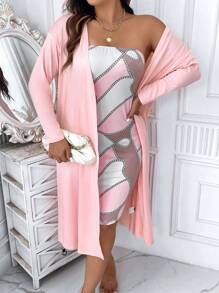 SHEIN LUNE Plus Open Front Coat & Chain Print Tube Dress - Baby Pink - View 6