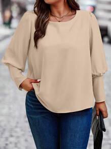 SHEIN Unity 大碼後紐扣羊腿袖襯衫 - 杏色 - 查看 4