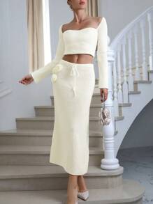 SHEIN Clasi Stereo Flower Drawstring Waist Knit Skirt - Apricot - View 4