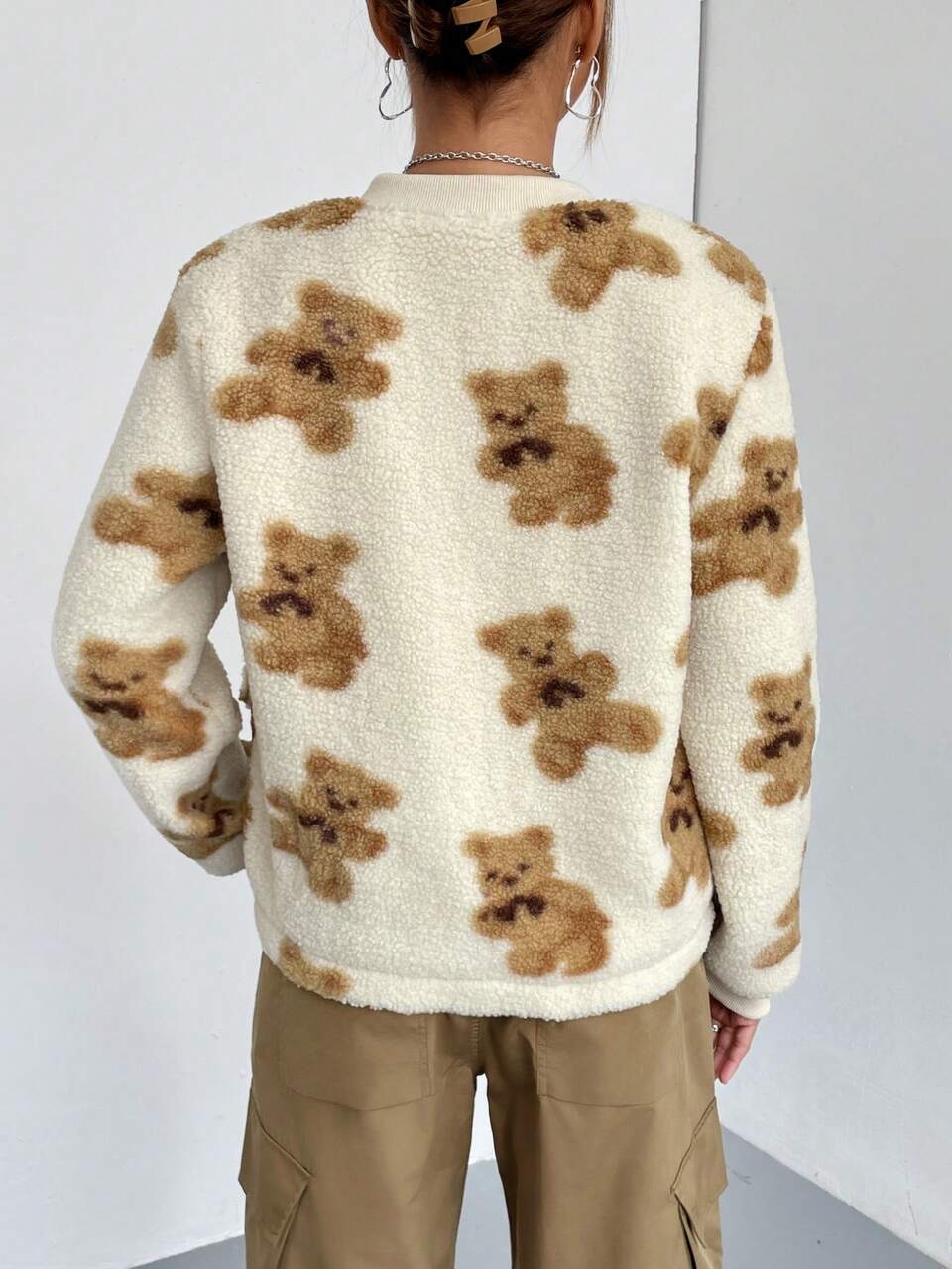 Bear Pattern Flap Pocket Teddy Bomber Jacket Fall Cloth For Women