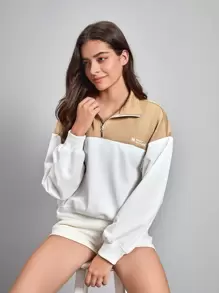 SHEIN Sports 刺绣字母图案双色半拉链落肩户外卫衣 - 白色 - 查看 5