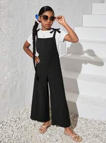 SHEIN 女大童1入組雙口袋肩上打結闊腿背帶褲 - 黑色 - 查看 7