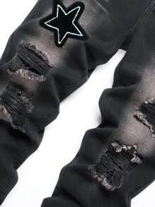 男士星星補丁貼破洞抽鬚牛仔褲 - 黑色 - 查看 4