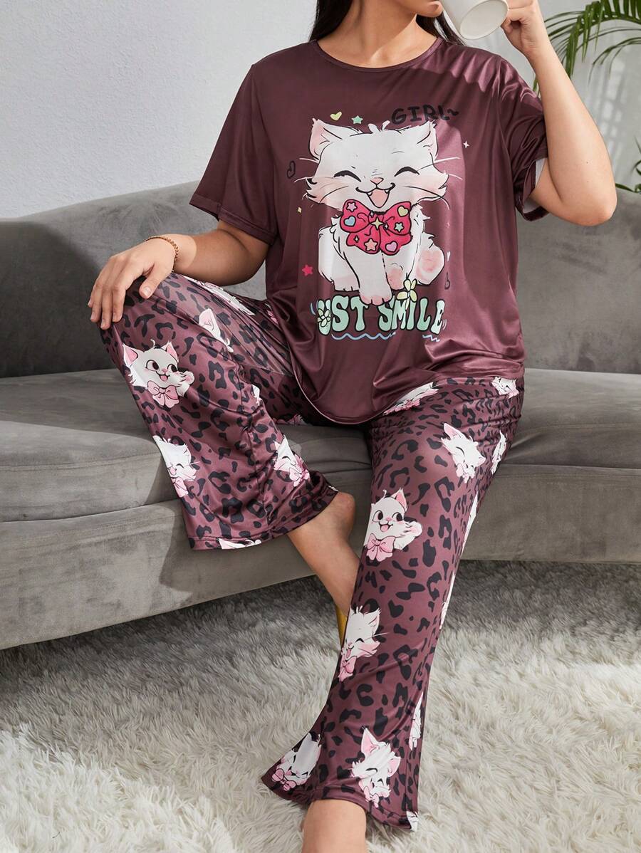 SHEIN Plus Cartoon & Letter Graphic Tee & Pants PJ Set / Pajama Set - Multicolor - View 1