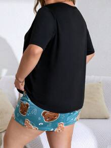 SHEIN Talla grande Conjunto de pijama con estampado de oso y letra - Multicolor - Ver 2