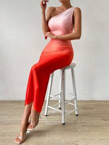 Zolique 漸層單肩褶邊高衩洋裝 - 彩色 - 查看 3