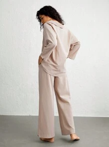 Ocili 女性襯衫領長袖衣裝和褲子休閒裝套裝 - 卡其色 - 查看 2