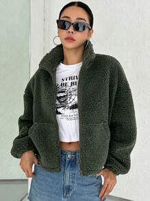 DAZY 拉鍊式下垂肩泰迪外套 - 綠色 - 查看 3