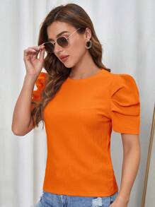 SHEIN Clasi 泡泡袖素色T恤 - 橘色 - 查看 3