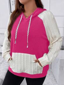 SHEIN LUNE Plus Size Two Tone Raglan Sleeve Drawstring Sweatshirt - Hot Pink - View 3