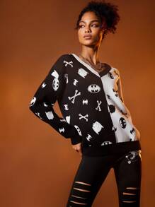 BATMAN X SHEIN Hai âm Mô hình Cartoon Thả vai Áo len - Đen và trắng - Xem 6