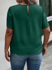 SHEIN Unity Plus Solid Plicated Detail Puff Sleeve Blouse - Dark Green - View 2