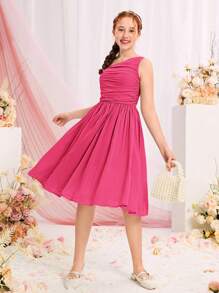 SHEIN Teen Girl Ruched Asymmetrical Neck Dress - Hot Pink - View 5