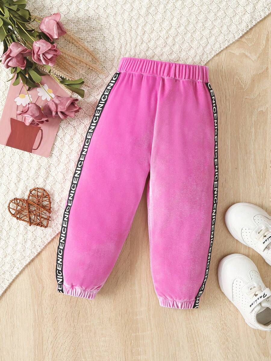 Baby Girl Contrast Letter Tape Side Pants - Pink - View 1